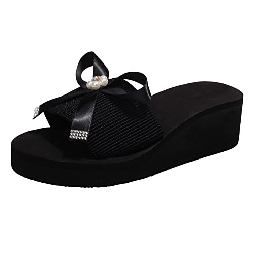 Outdoor Damen Schuhe Gefüttert Mode Sommer Damen Hausschuhe Dicke Sohlen Keilabsatz Slip On Open Toe Atmungsaktiv Bequem Perlenband Schleife Strand Lässig Damenschuhe Pumps Blau Schwarz von PTLLEND