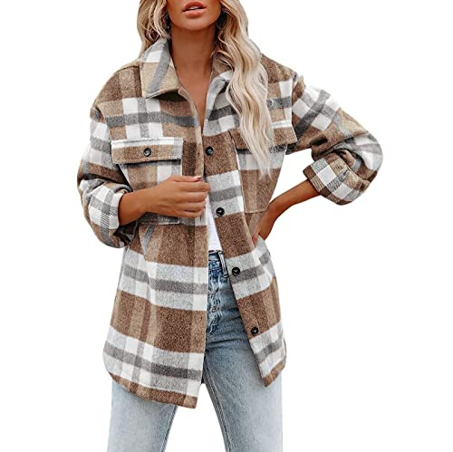 PTLLEND Damen Casual Plaid Print Button Langarm Kapuzen Sweatshirt Strap Pocket Shirt Coat Gebürstete, Karierte Damenhemden mit Langen Ärmeln Flanell Revers Button Down Taschen Shacket Jacke Mäntel von PTLLEND