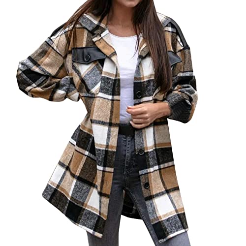 PTLLEND Damen Casual Plaid Print Button Langarm Kapuzen Sweatshirt Strap Pocket Shirt Coat Gebürstete, Karierte Damenhemden mit Langen Ärmeln Flanell Revers Button Down Taschen Shacket Jacke Mäntel von PTLLEND