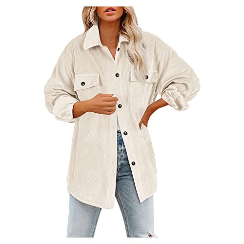 PTLLEND Damen-Cord-Button-Down-Hemd mit Langen Ärmeln, Reverskragen, Seitenschlitz, lockere, lässige Shacket-Jacke, Oberbekleidung mit Taschen,Kapuze Button Plus Size Damen Kleidung von PTLLEND