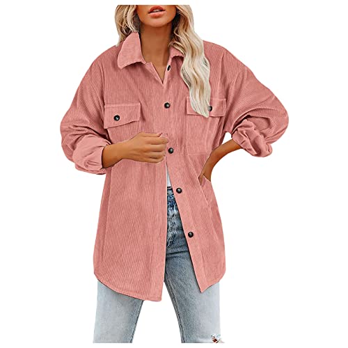 PTLLEND Damen-Cord-Button-Down-Hemd mit langen Ärmeln, Reverskragen, Seitenschlitz, lockere, lässige Shacket-Jacke, Oberbekleidung mit Taschen,Kapuze Button Plus Size Damen Kleidung von PTLLEND