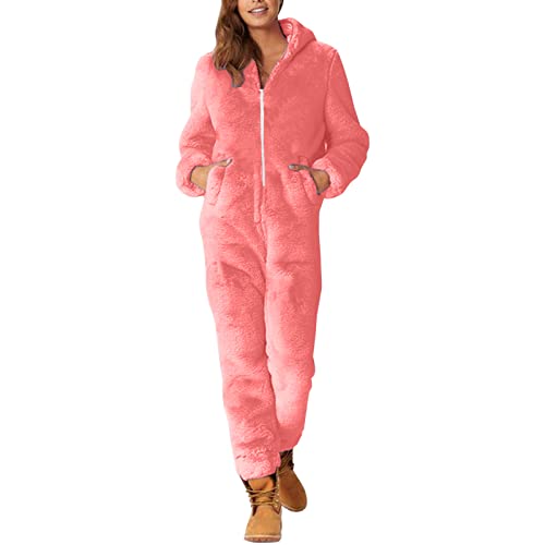 PTLLEND Damen Jumpsuit Onesie mit Kapuze Weihnachten Flanell Fleece Overall Pyjama Langarm Schlafanzug Einteiler Hoodies Winter Thermo Schlafoverall Nachtwäsche von PTLLEND