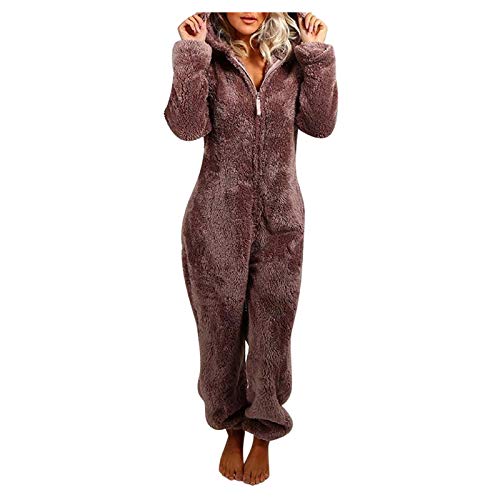 PTLLEND Damen Jumpsuit Teddy Fleece Einteiler Schlafoverall Pyjama Overall Flauschig Onesie Warm Strampelanzug Nachtwäsche Loungewear von PTLLEND