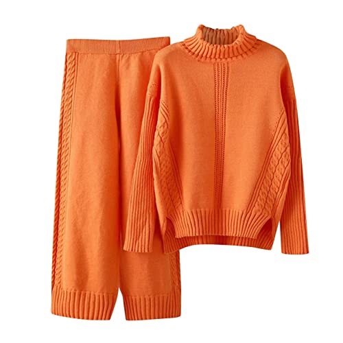 PTLLEND Damen Kleidung Modern Mode Temperament lose beiläufige Hose mit weitem Bein gestrickt Stehkragen Pullover zweiteiliger Anzug Jogginganzug Damen Totenkopf (Orange, One Size) von PTLLEND