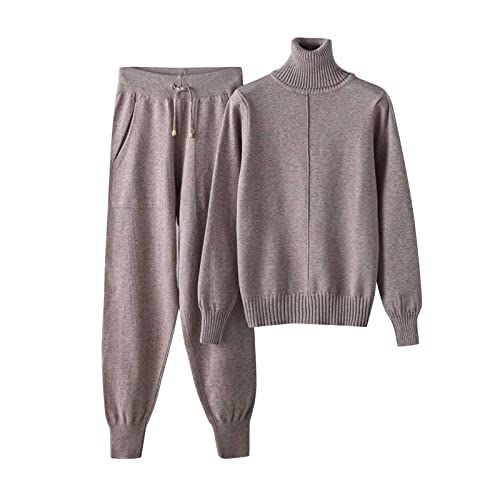 PTLLEND Damen Pailletten Winter Mode Temperament lose beiläufige High Neck Top und Hosen mit weitem Bein Strickpullover zweiteiliger Anzug Homewear Damen Set Kuschelig (Coffee, One Size) von PTLLEND