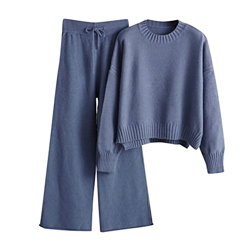 PTLLEND Hausanzug Kuschelig Damen Mode Temperament locker lässig weites Bein Rundhals Top und Hose Strickpullover zweiteiliger Anzug Strick Jogginganzug Damen (Blue, One Size) von PTLLEND