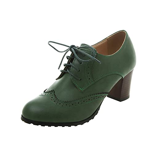 PTLLEND Hohe Mädchen 38 Außenhandel Große Vintage Lederschuhe Modisch und bequem Runde Zehe Quadratische Ferse Dicke Schnürung Warme Damen Winter (Green, 38) von PTLLEND