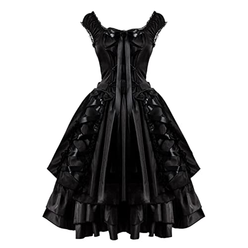 PTLLEND Jotaro Kujo Cosplay-Kostüm Frauen Vintage Slim Gothic Classic Black Layered Lace Up Goth Lolita Cosplay Kleid Mittelalterlicher Schwertkampf Bereit von PTLLEND