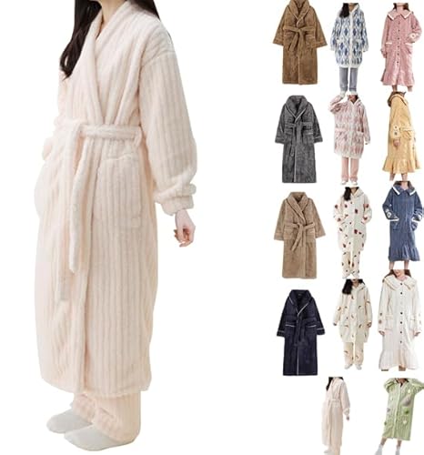 PTLLEND Kleider Satin Damen Korallen Fleece Verdickt Warme Plüsch Bademantel Pyjama Nachtwäsche Robe Kleid Nachthemd Kleid Damen (3-White, L) von PTLLEND