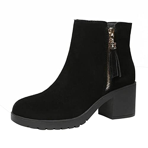 PTLLEND Schuhe Damen Stiefeletten Blau Stiefel Runde Zehe Dicke Stiefeletten Für Frauen Damen Schwarz Flach Gefüttert (Black, 39) von PTLLEND