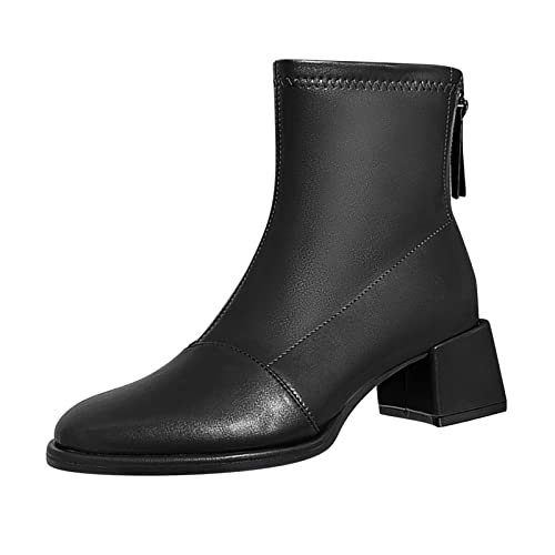 PTLLEND Schuhe Damen Winter Stiefeletten Mittlerer Absatz Blockabsatz Volltonfarbe Reißverschluss Einfacher Stil Britische Armee (Black, 39) von PTLLEND