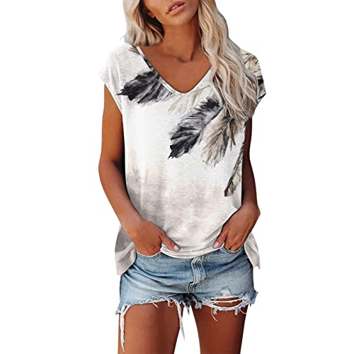 PTLLEND Shirts Damen Kurzarm Damen T-Shirt Sommer Kurzarm Tops Shirts Casual Basic Rundhals Farbblock Oberteile Tank Top Damen T Shirt Oberteile Blatt Print Weste Ärmelloses lose Crop Festival Top von PTLLEND