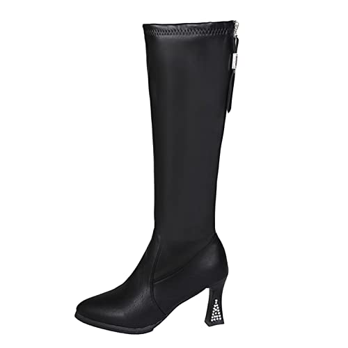 PTLLEND Wechselfußbett Damen Schuhe Stretch Stiefel Zurück Reißverschluss Strass Weinglas Ferse Kniestiefel Schaftweite 42 Cm (Black, 37) von PTLLEND