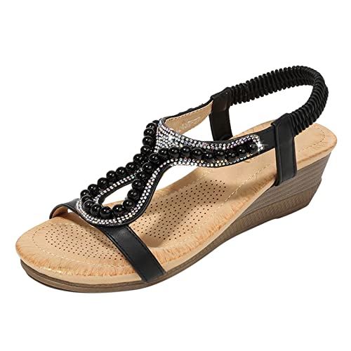 Sandalen Damen Schwarz Riemchen Sandalenschmuck Boheme Frauen Frühjahr und Sommer Keile Fashion-Perlen mit Diamanten Frauen Sandalen O Damenschuhe 40 von PTLLEND