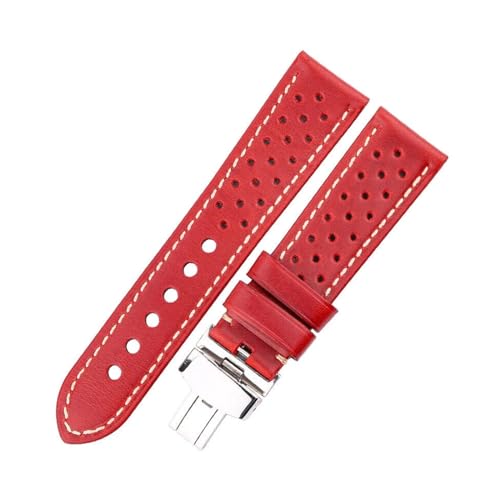 PTLYE Atmungsaktive Echtleder-Uhrenarmbänder for Damen und Herren, 20 mm, 22 mm, 24 mm, Uhrenarmband mit Faltschließe (Color : Red, Size : 20mm) von PTLYE