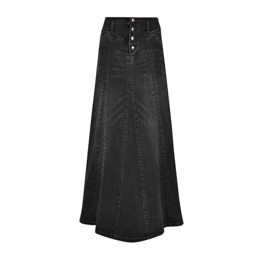 Damen-Jeansrock im Retro-Stil mit Knopfleiste Hüfttasche in A-Linie Schlupfrock Damen (Black, S) von PTMerci