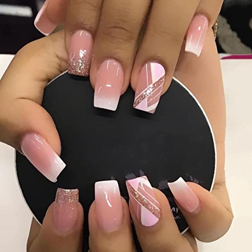 24 Stück Falsche Nägel Press on Nails kurz,Press on Tips Full Cover Künstliche Fingernägel Vollständige Abdeckung French Fake Nails Nagelspitzen für Frauen und Mädchen Salon 12 Größen,Rosa Glitzer von PTNKUIIY