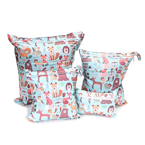 PTNKUIIY Stoffwindeln Nasstaschen,4Pcs Wickeltasche Wetbag mit Reißverschluss windeltasche wetbag Baby Nasse und Trocken Wickeltasche Waschbar Organizer Beutel für Baby Kleinkind Reisen Gym -Zoo von PTNKUIIY
