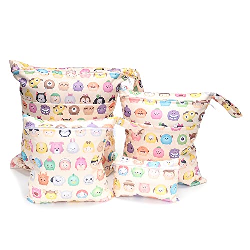 Stoffwindeln Nasstaschen,4Pcs Wickeltasche Wetbag mit Reißverschluss windeltasche wetbag Baby Nasse und Trocken Wickeltasche Waschbar Organizer Beutel für Baby Kleinkind Reisen Gym -Karikatur von PTNKUIIY