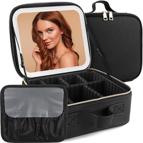 Schminktasche mit Spiegel und Licht 3 Farben und Stufenloser Dimmbarkeit Schminktasche USB-C Aufladung LED Spiegel Schminkkoffer wasserdichte Make up Tasche mit Make-up Lagerung Geschenk für Frauen Schminktasche mit Spiegel und Licht 3 Farben und Stufenloser Dimmbarkeit Schminktasche USB-C Aufladung LED Spiegel Schminkkoffer wasserdichte Make up Tasche mit Make-up Lagerung Geschenk für Frauen von PTSBENCO