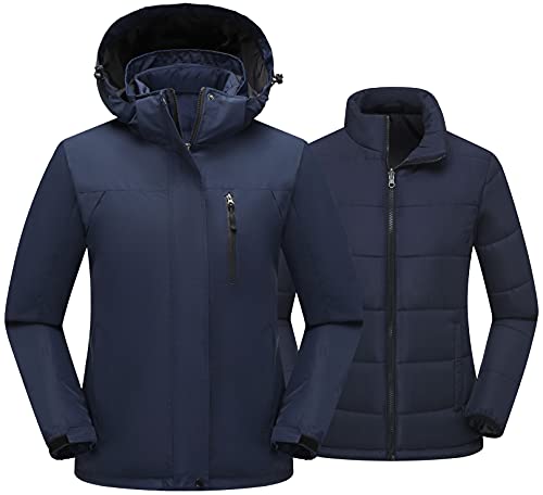 PTSOC Damen 3 in 1 Wasserdichte Skijacke Winter Schneemantel Winddicht Kapuze Snowboard Regenmantel, Marineblau, Klein von PTSOC