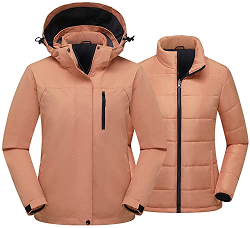 PTSOC Damen 3 in 1 Wasserdichte Skijacke Winter Schneemantel Winddicht Kapuze Snowboard Regenmantel, Pink Crossdye, L von PTSOC