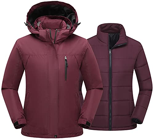 PTSOC Damen 3 in 1 Wasserdichte Skijacke Winter Schneemantel Winddicht Kapuze Snowboard Regenmantel, Weinrot, X-Groß PTSOC Damen 3 in 1 Wasserdichte Skijacke Winter Schneemantel Winddicht Kapuze Snowboard Regenmantel, Weinrot, X-Groß von PTSOC