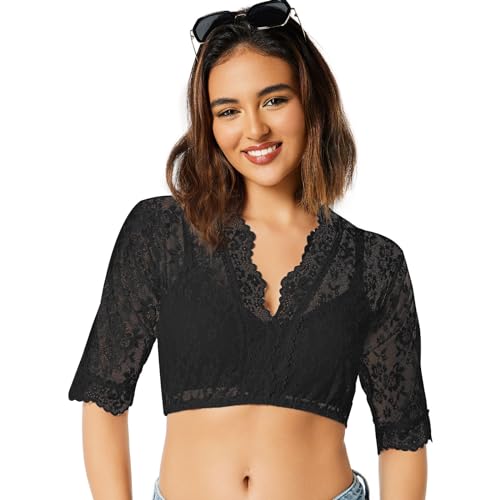 PTUI Damen Trachtenbluse Dirndl Bluse Spitze - Kurzarm Oktoberfest Dirndlblusen Halbarm, Schwarz, 36 von PTUI