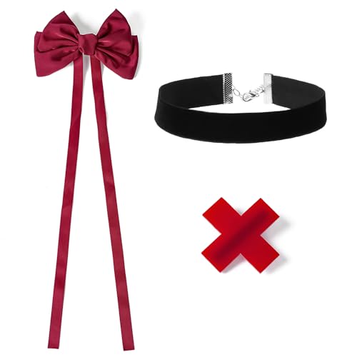 Hazbin Vaggie Cosplay Hotel Kostüm rote Haarschleifen Kreuz Haarspangen Schwarz Choker Hazbin Vaggie Merch von PUCAPOCO