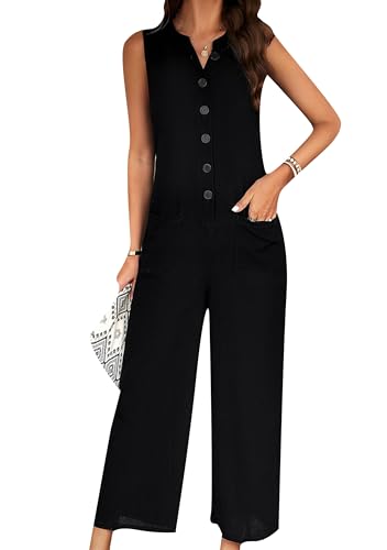 PUDANA Damen Baumwolle Jumpsuit Breite Beine Locker Overall One Piece Knöpfe Romper Mit Taschen Schwarz XL von PUDANA