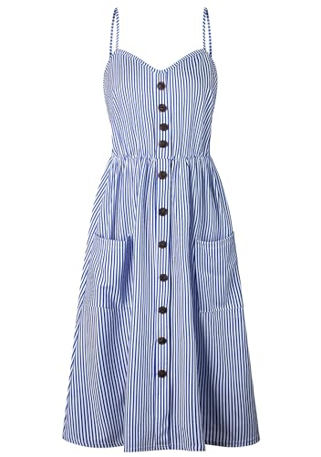 PUDANA Damen High Taille Spaghetti Strap A Line Kleid Leichtes Frühling Sundress Cocktail Party Button Down Midi Kleid Dunkelblau S von PUDANA