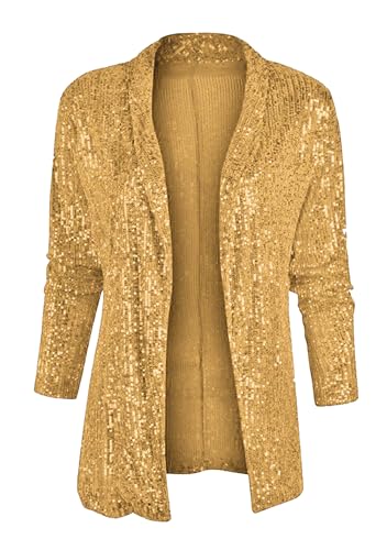 PUDANA Damen Loose Party Open Front Jacke Leichte Funkelnde Mode Paillette Shiny Anzug Gold M von PUDANA