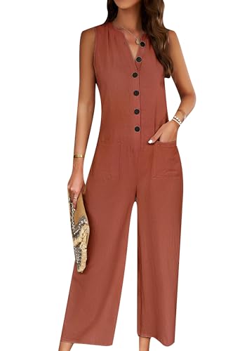 PUDANA Damen One Piece Lässig Jumpsuit Sommer Lässig Knöpfe Lacke Lange Hosen Romper Braun M von PUDANA