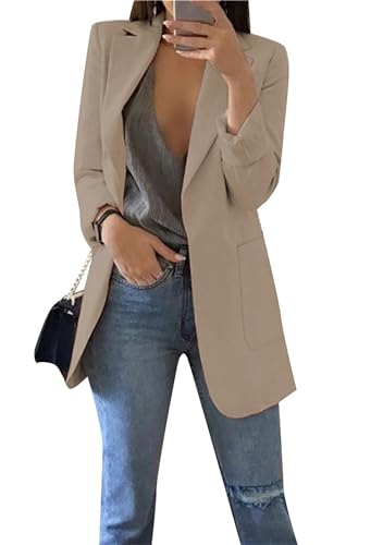 PUDANA Damen Stilvolle Offene Front Lange ärmel Blazer Jacke Einfarbig Größe Plus Lose Leichte Blazer Khaki L von PUDANA