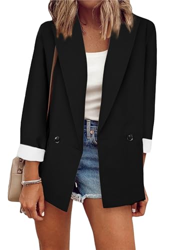 PUDANA Damen Utility Taschen Leichte Cardigans Oversized Button Down Anzug Jacken Revers Tunika Blazer Schwarz 2XL von PUDANA