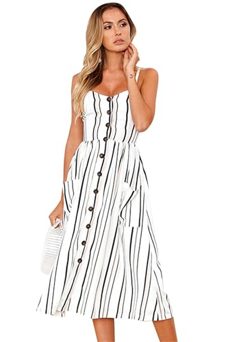 PUDANA Damen Zwei Taschen Gemustert A Linie Kleid Button Down Rundhalsausschnitt Sundress Strand Spaghetti Strap Midi Kleid Weiß XL von PUDANA