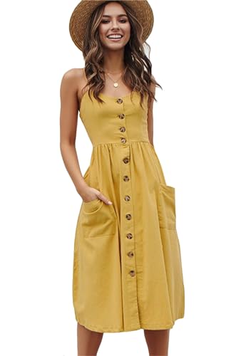 PUDANA Frauen Strand Spaghetti Strap Midi Kleid Button Down Frühling Langes Kleid Cinched Taille Plus Size Sundress Gelb M von PUDANA