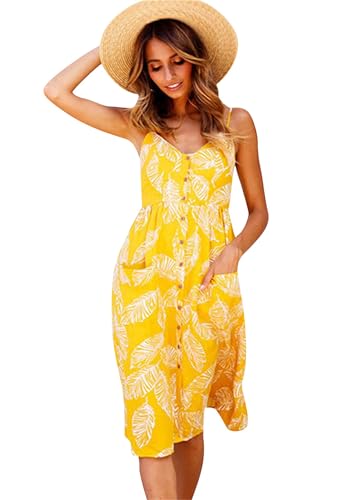 PUDANA Gemusterte Spaghetti Strap Sundress Für Frauen Button Down Strand Midi Kleid Urlaub Frühling Langes Kleid Gelb 3XL von PUDANA