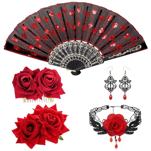Haarspange mit Rosenblume Stoff ausgehöhlt Handheld Faltbar Fächer Set, Damen eleganter Spanien Flamenco Kostüm, Haarschmuck für Damen Flamenco Tänzerin Hochzeit Tanzenparty Karneval Mottoparty von PUERFOCA
