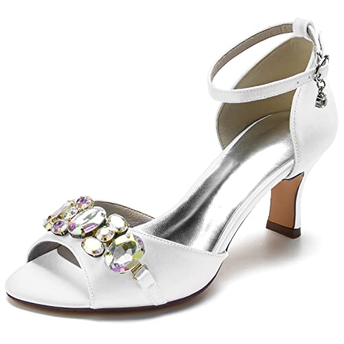 Damen Peeptoe Brautschuhe 6,5 cm Kätzchenabsatz Satin Pumps Strass Knöchelriemen Sandalen Hochzeitsschuhe,Weiß,37 EU von PUFYA