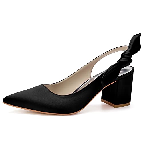 Frauen Brautschuhe Mit Blockabsatz 6Cm Spitz Zehen Satin Slingback Hochzeitsschuhe,Schwarz,38 EU von PUFYA