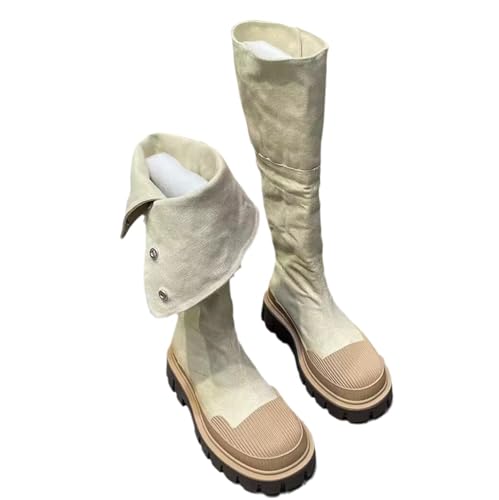 PUIOKA Damen-Stiefel in der Mitte der Wade, modische Herbst- und Winterstiefel aus Jeansstoff von PUIOKA