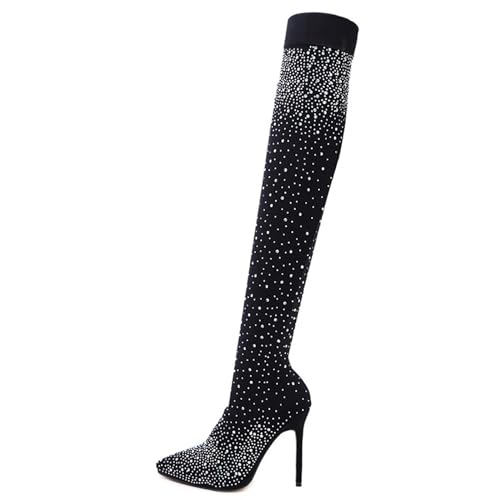 PUIOKA Overknee-Stiefel für Damen, dehnbar, lange einbeinige Stiletto-Stiefel, mit Strass verzierte modische hohe Stiefel von PUIOKA