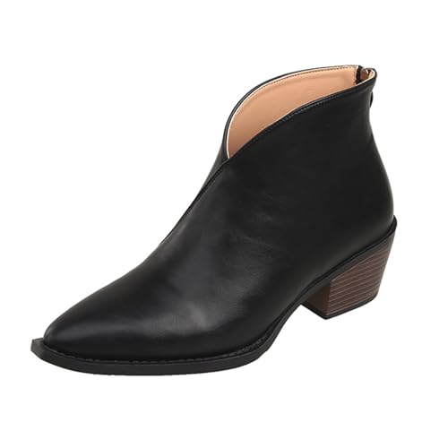 PUIOKA Stiefeletten Damen Stiefeletten mit niedrigem Absatz, klassische Winterschuhe, Damen-Stiefel mit spitzer Zehenpartie von PUIOKA