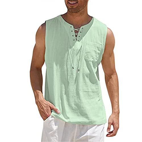 PULASSI Ärmelloses Herren-Tanktop zum Schnüren, lässig, atmungsaktiv, Baumwolle, Leinen, V-Ausschnitt, zum Schnüren, lässig, leicht, Sport von PULASSI