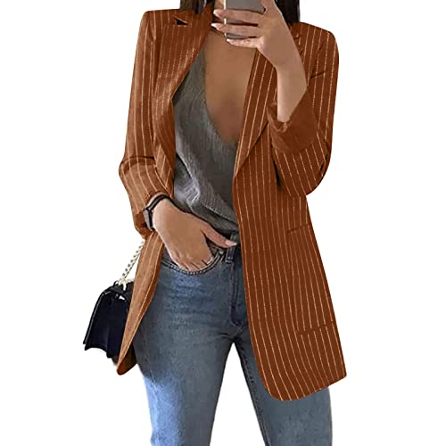 PULASSI Damen Blazer Neu SweatjackeOberbekleidung for Female Gestreifter Polyester Lose Cardigans V-Neck Vintageen Coat Damens Clubbing Luftiges Frühling Langarm Grosse Groessen von PULASSI