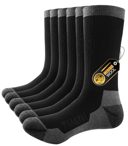PULIOU Merino Socken Herren Damen Thermosocken Wandersocken Outdoor & Trekking-Socken, Anti-Blasen, Gepolstert Arbeitssocken Wintersocken，Schwarz 43-46 von PULIOU