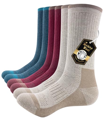 PULIOU Merino Socken Thermosocken Herren Damen Wandersocken Dicke Merinowolle Outdoor Trekkingsocken Anti-Blasen Arbeitssocken Wintersocken,3 Paar von PULIOU