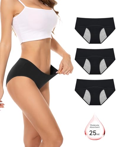 PULIOU Perioden Unterwäsche Damen Baumwolle Menstruation Unterhosen Slips Postpartum Panties Damen Hipsters 3er Pack, Schwarz Blau Grau XXL von PULIOU