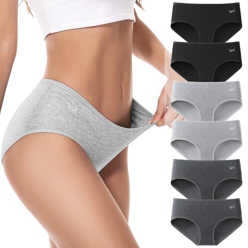PULIOU Unterhosen Damen Baumwolle Stretch Unterwäsche Frauen Slips Mittel Taille Atmungsaktiv Panties Hipster Mehrpack 6er Pack, Schwarz Grau S von PULIOU